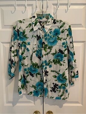 Vintage Sag Harbor Blue & Green Floral Button Down Blouse - Size L